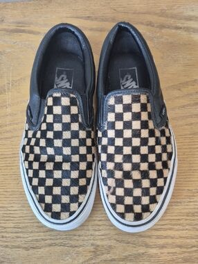 Vans Checkerboard Sneakers Classic Black Yellow Slip On Calf Hair  Sz 8 W/6.5M